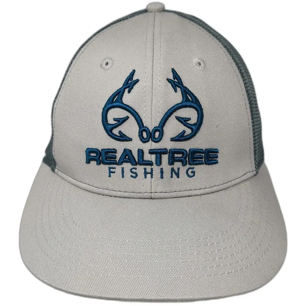 Realtree Baseball Cap Gray Blue M Fishing Hook Logo Mesh Back Stretch Fitted Hat